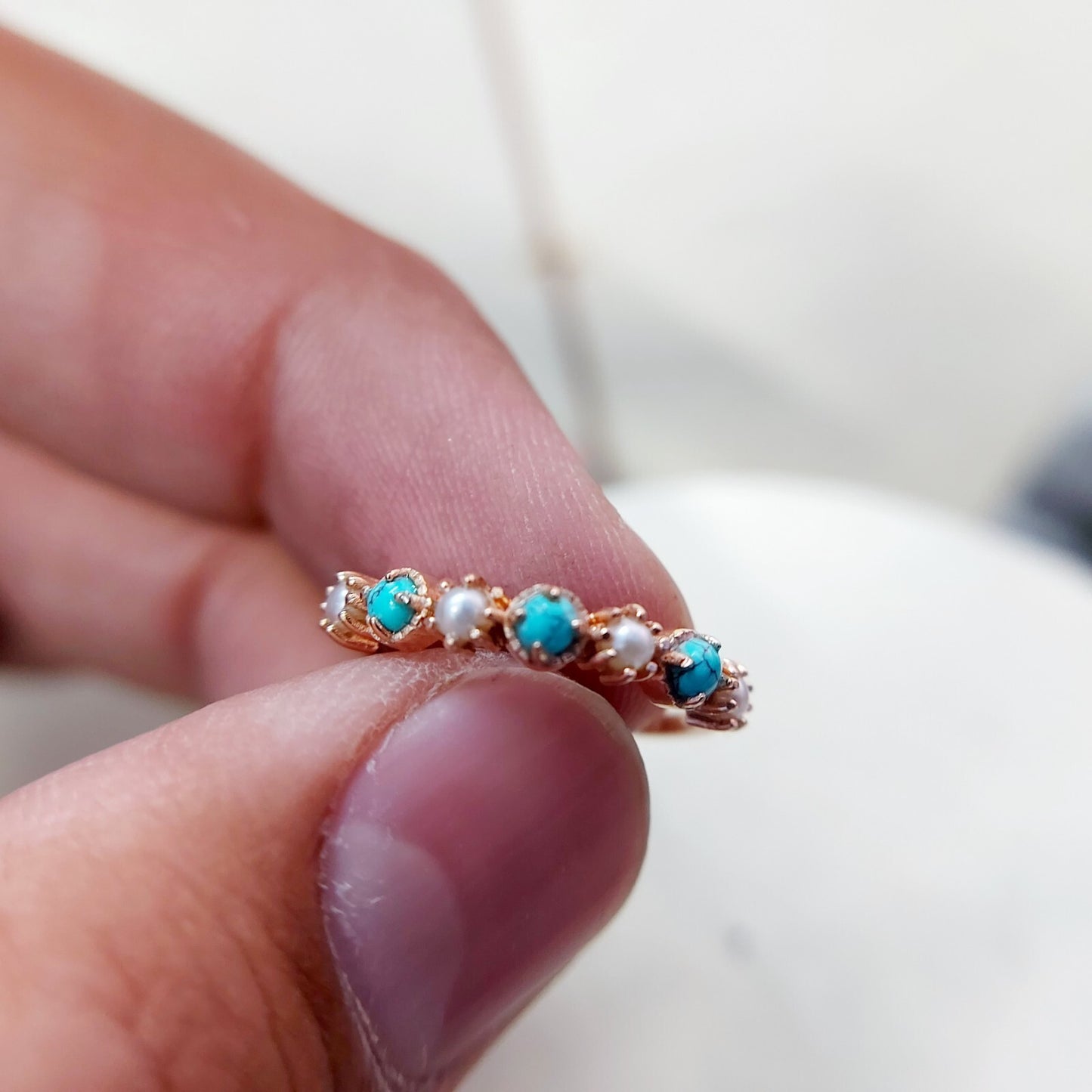 Turquoise Pearl Half Band Gemstone Wedding Engagement Ring For Women Gift Us5~15