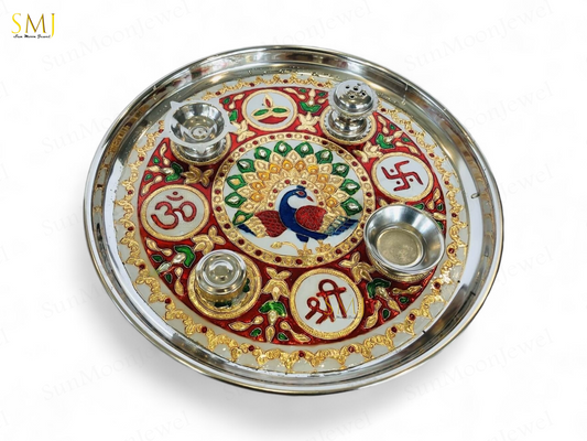 Meenakari Puja Thali with Diya Puja Thali Handcrafted For Home Office Temple Use