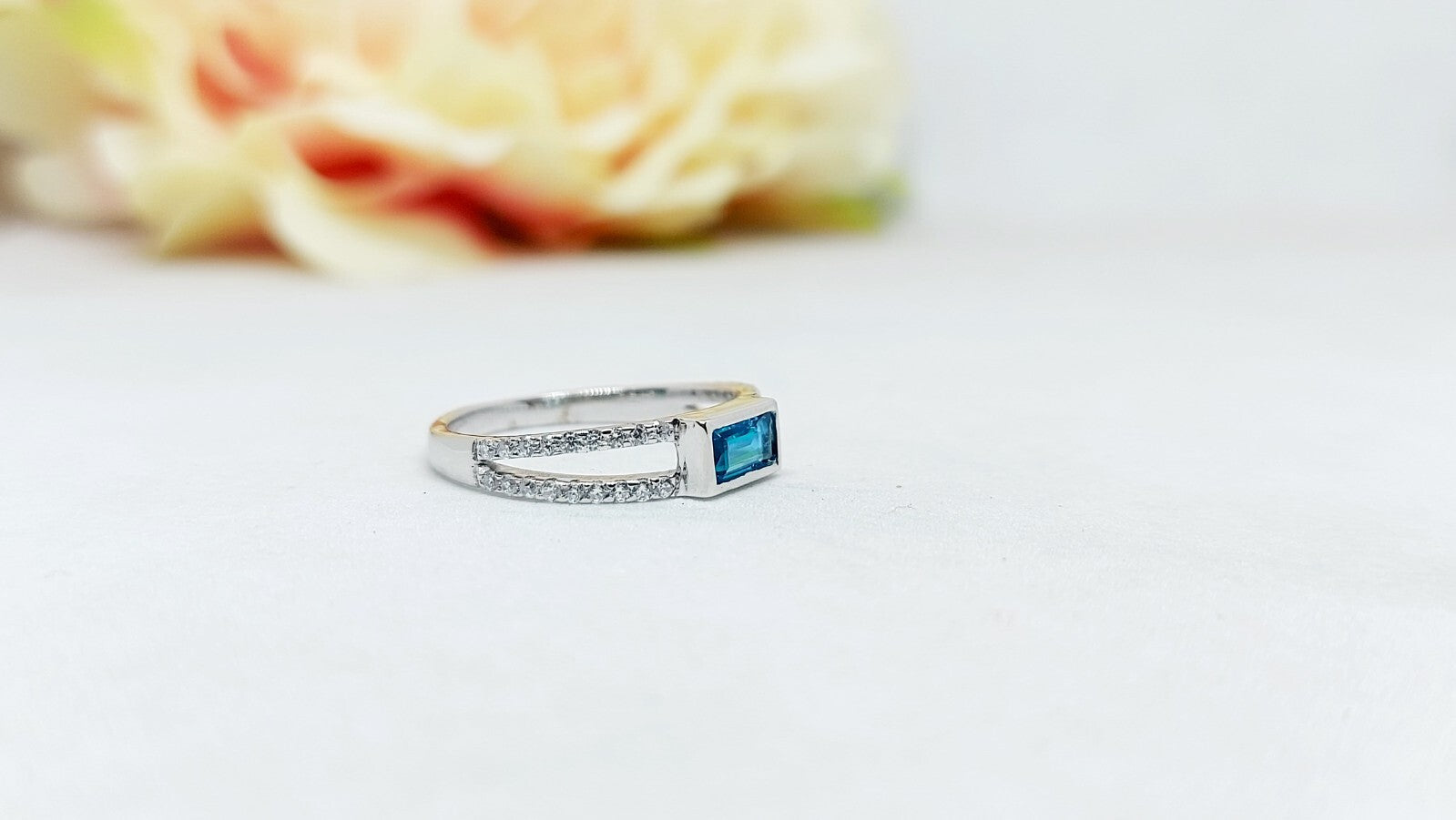 Silver Blue Tourmaline Baguette Shape Ring Women Birthstone Gift Ring Us5~ 15