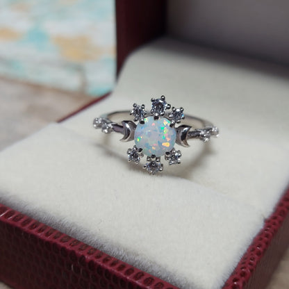 Natural Opal Ring Round Cut CZ Cluster 925 Silver Gift Ring US5~15 Vintage Look