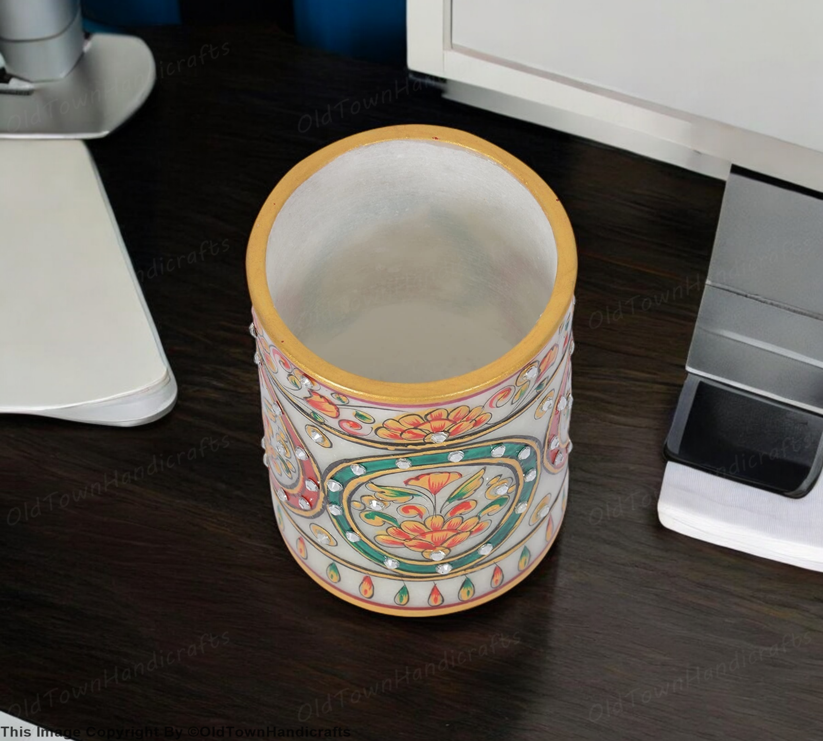 Pen Holder Handmade Marble Meenakari Pen Holder Traditional Antique Table Decor