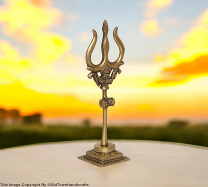 Brass Trishul with Damru Handcrafted Trishul Figurine Unique Gold Home Decor