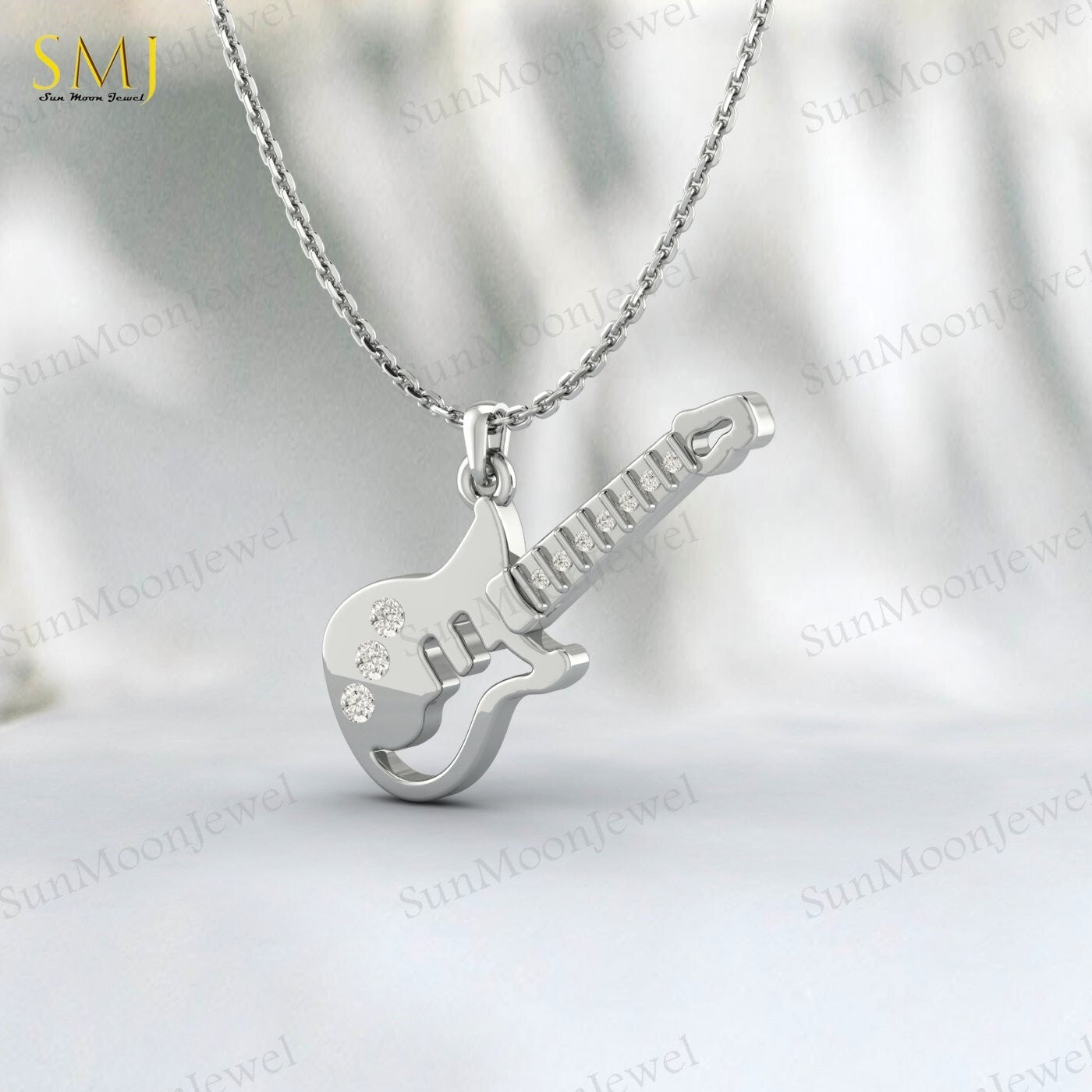 Lab Diamond Guitar Necklace Kids Jewelry Charm Guitar Necklace 925 Silver