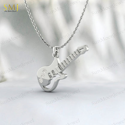 Lab Diamond Guitar Necklace Kids Jewelry Charm Guitar Necklace 925 Silver