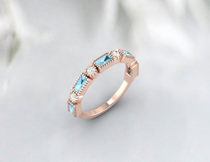 Natural Baguette Blue Aquamarine & Cubic Zirconia Half Eternity Fine Silver Band