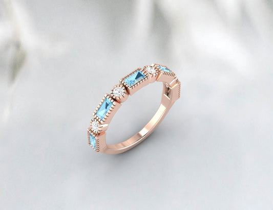 Natural Baguette Blue Aquamarine & Cubic Zirconia Half Eternity Fine Silver Band