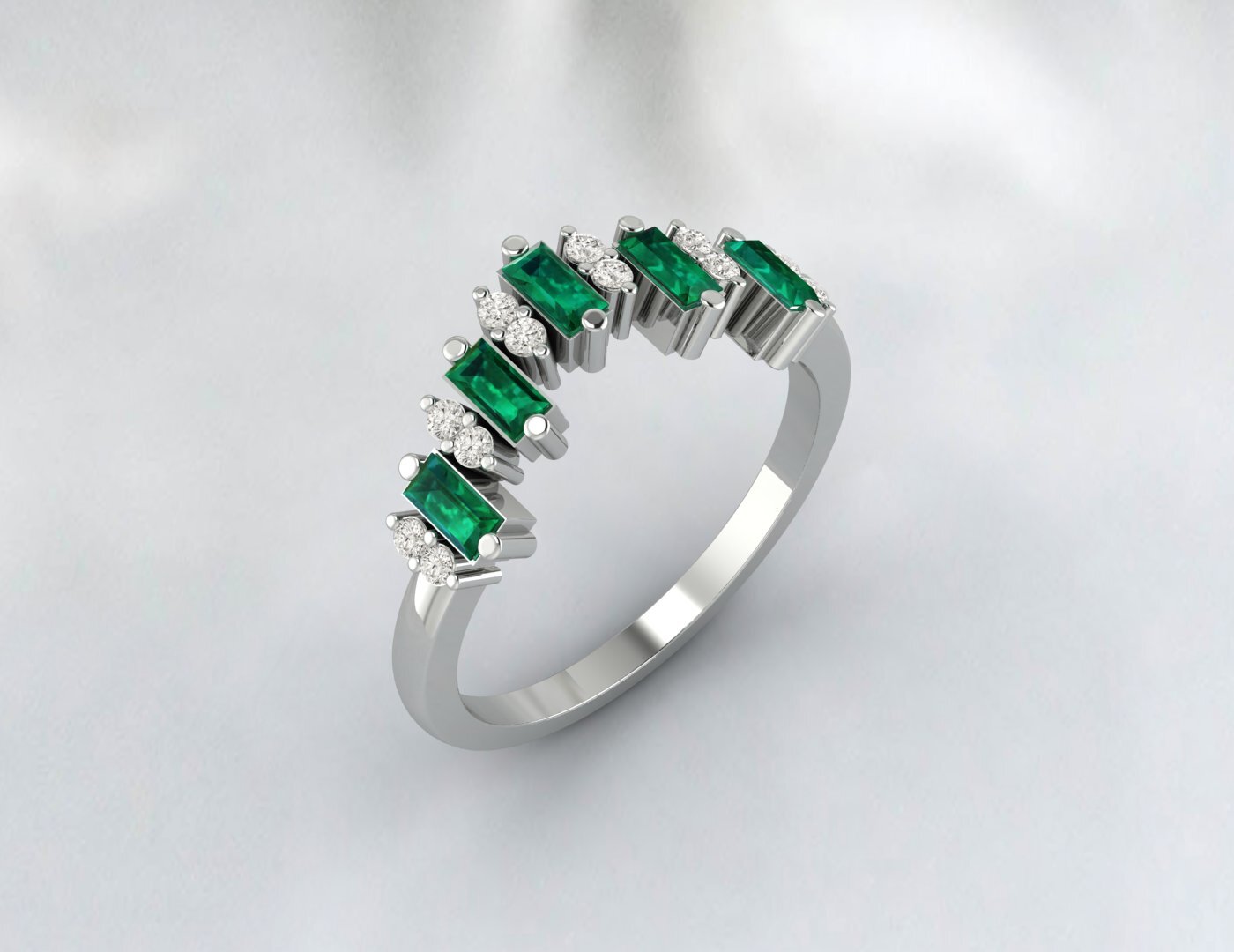 Baguette Green Emerald Crown Wedding Band Fine Silver Daimond Lab Created Band