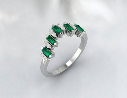 Baguette Green Emerald Crown Wedding Band Fine Silver Daimond Lab Created Band