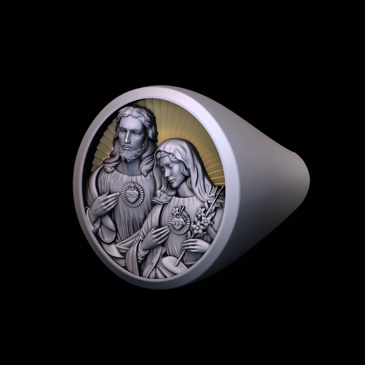 Mens Signet Ring Mother Mary Jesus Christ Sacred Heart US 7-15 Religious Jewelry