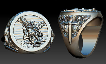 St Michael Sword Ring 925 Sterling Silver Archangel Signet Style Men Ring US5–15