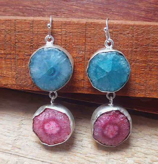 925 Sterling Silver Natural  Blue And Pink Solar Quartz Handmade Earring For Her
