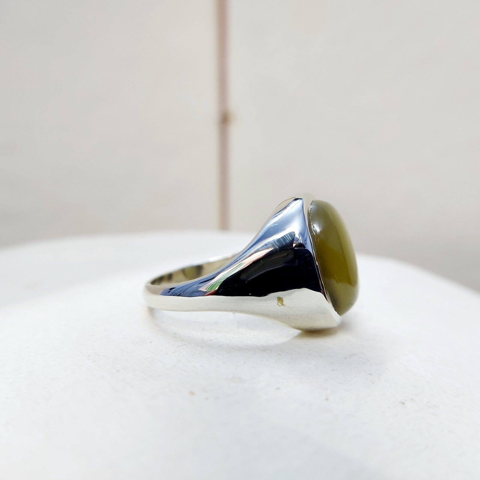 Yellow Cats Eye Chrysoberyl Ring Wide Band Handmade 925 Silver Men Ring US5~15