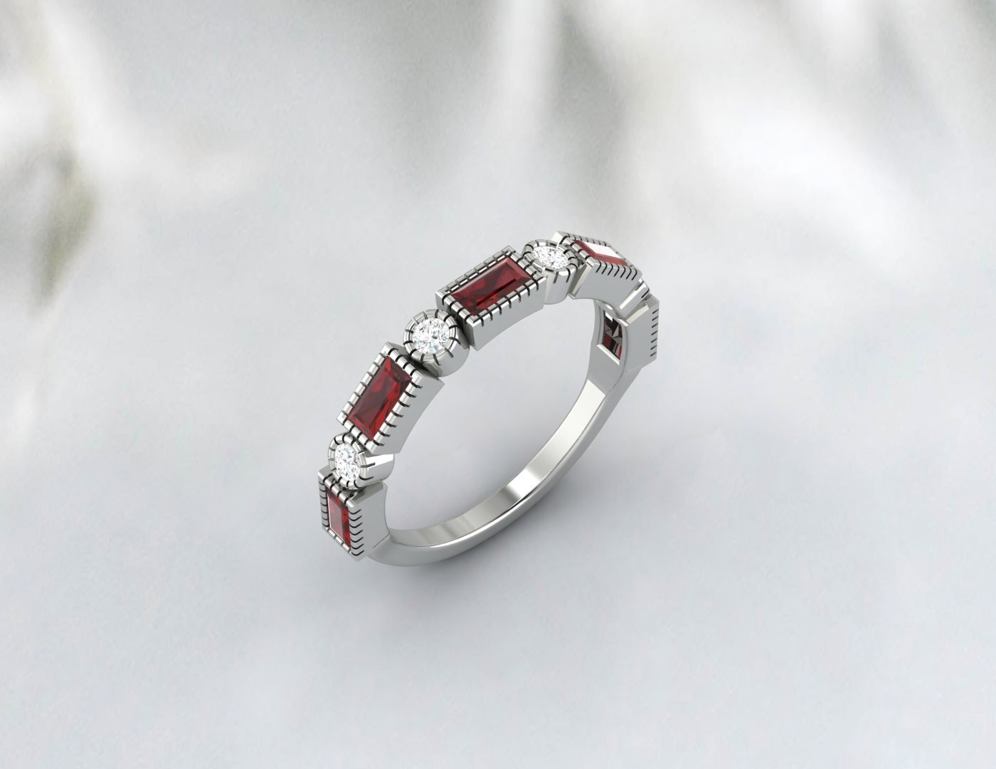 Natural Baguette Cut Red Garnet & Cubic Zirconia Half Eternity Fine Silver Band