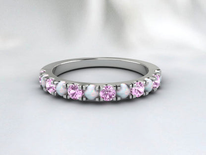 Natural Round Opal And Pink Sapphire Half Eternity Band Fine Silver Wedding Band