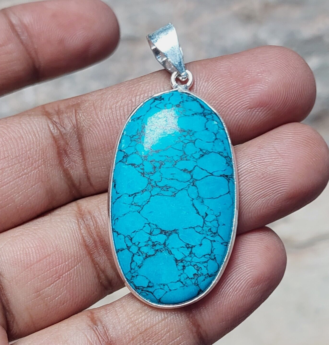 Oval Blue Turquoise 925 Sterling Silver Handmade Pendant Necklaces,Gift For Her