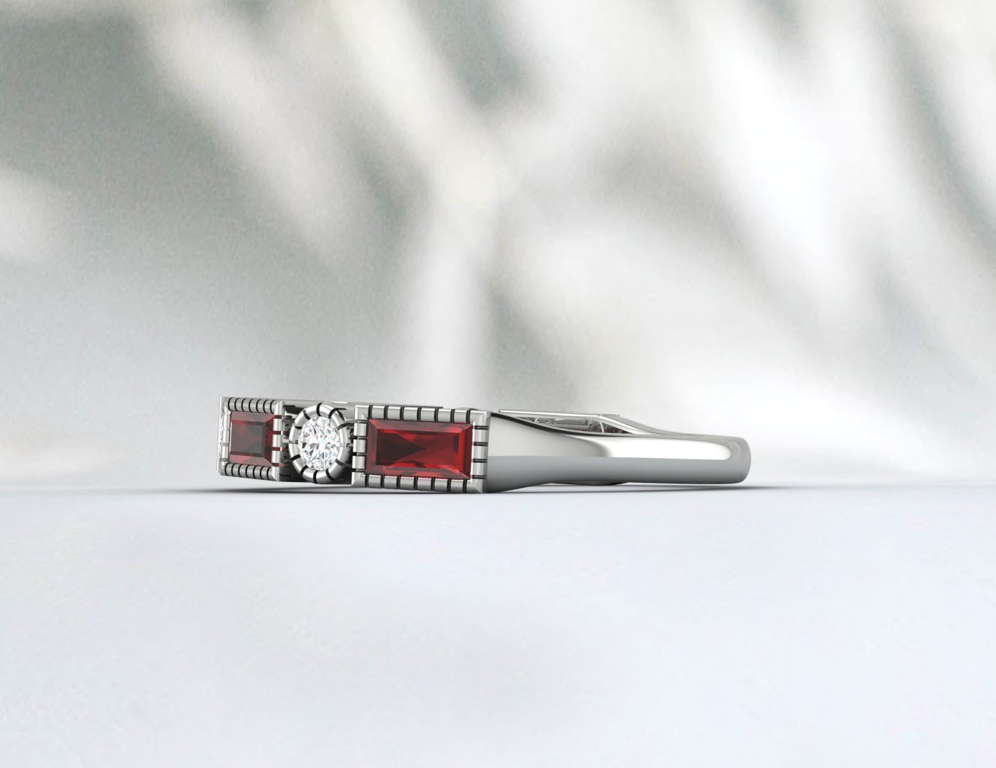 Natural Baguette Cut Red Garnet & Cubic Zirconia Half Eternity Fine Silver Band