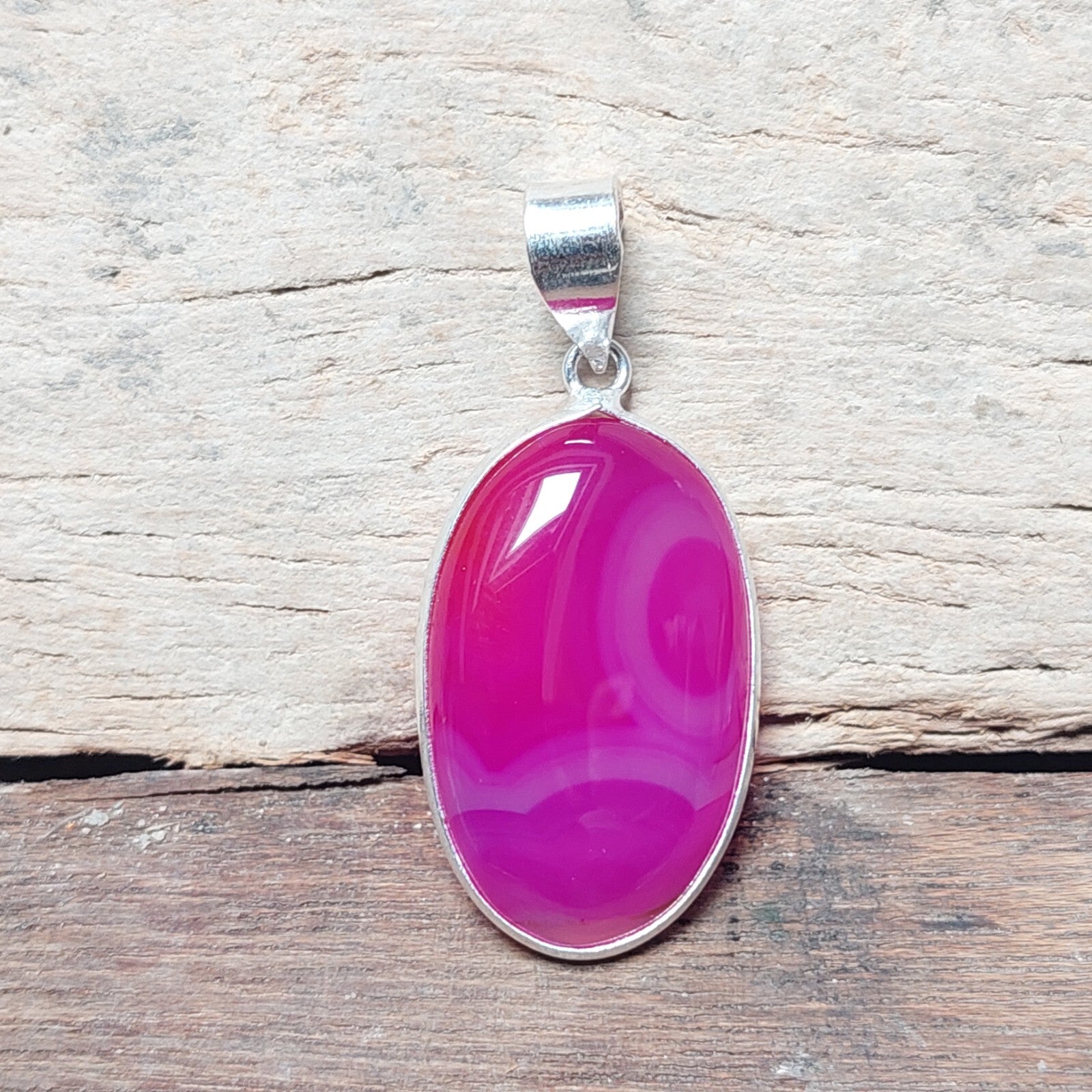 Hot Pink Banded Agate Pendant Necklace 925 Sterling Silver Jewelry For Wedding