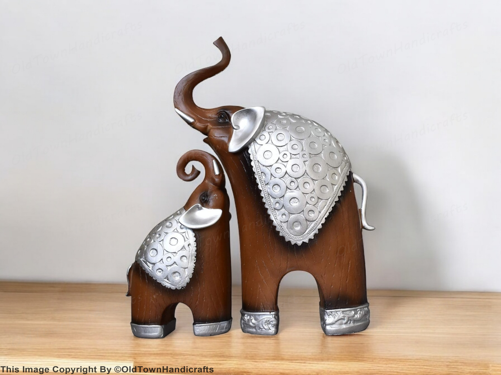 Thai Style Elephant Figurines Mother Child Feng Shui Set Resin Home Decor Brown