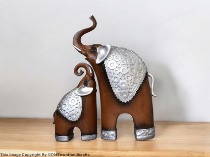 Thai Style Elephant Figurines Mother Child Feng Shui Set Resin Home Decor Brown