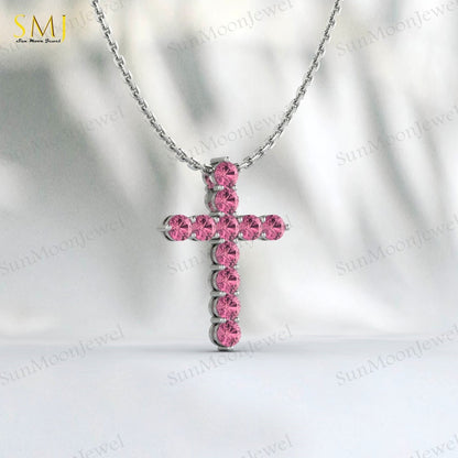 925 Silver Natural Pink Tourmaline Cross Necklace Pendant December Birthstone