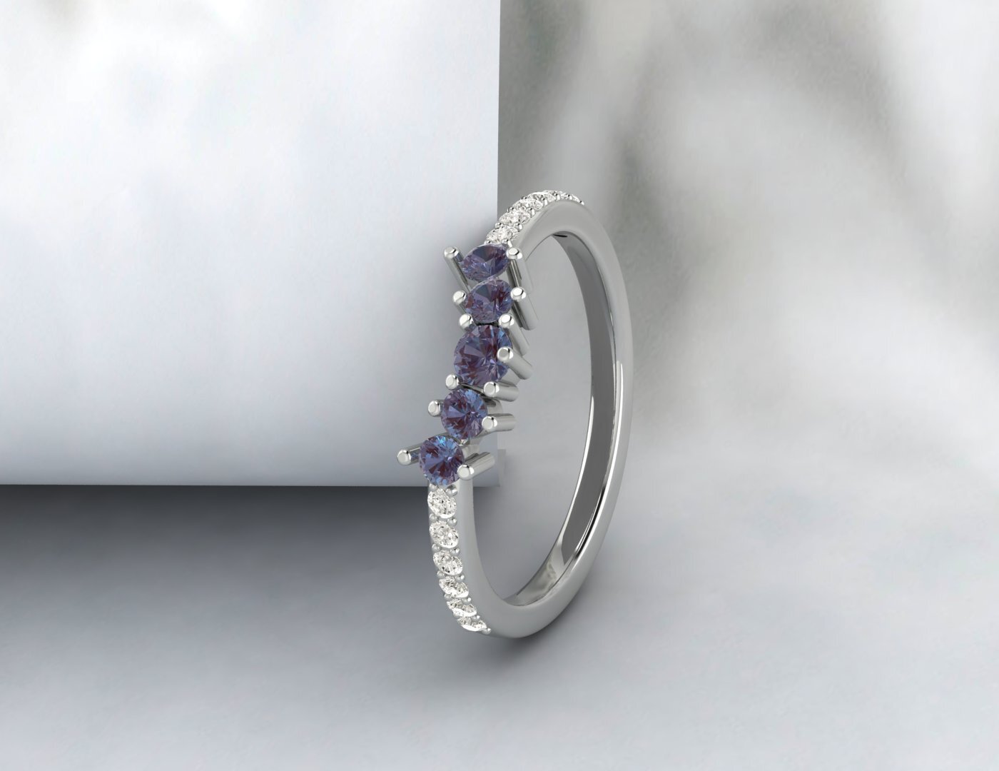 Natural Alexandrite Curved Wedding Band Half Eternity Fine Silver 5 Gemstone