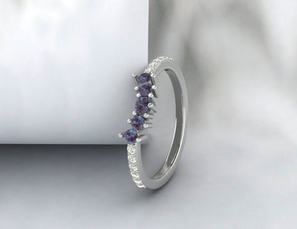 Natural Alexandrite Curved Wedding Band Half Eternity Fine Silver 5 Gemstone