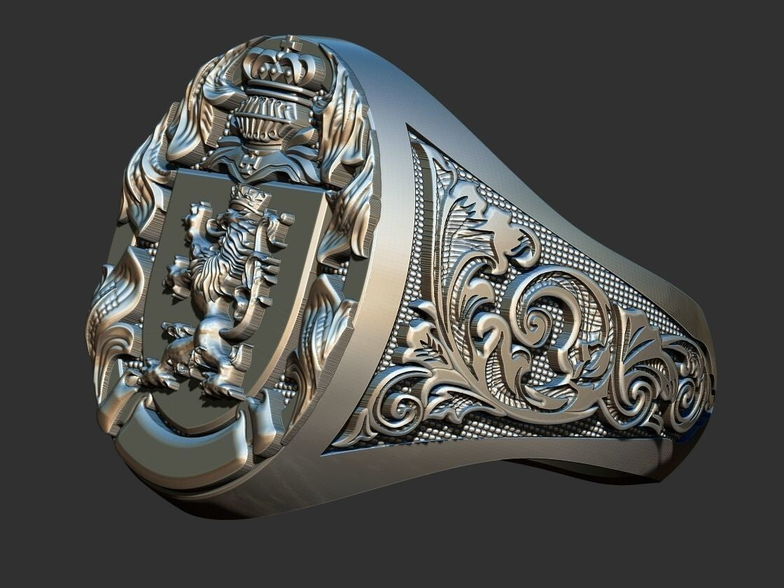 Lion And Roosters Coat of Arms Signet Silver 925 Men's Ring US7-15 Animal Lover