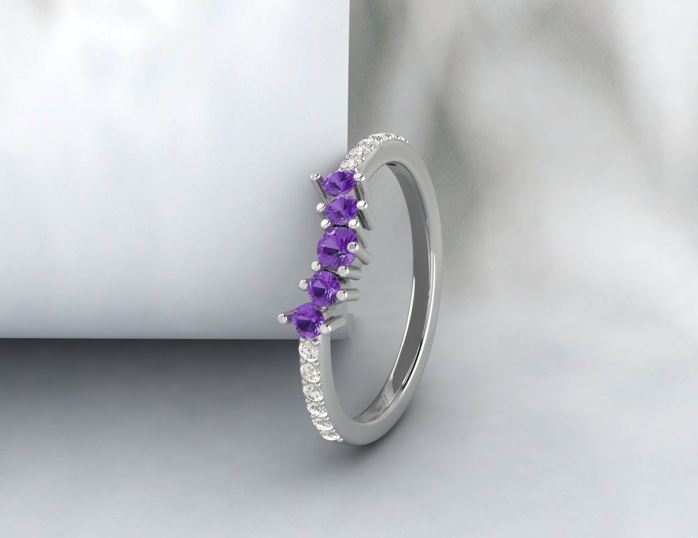 Natural Amethyst Curved Wedding Band Half Eternity Fine Silver 5 Gemstone