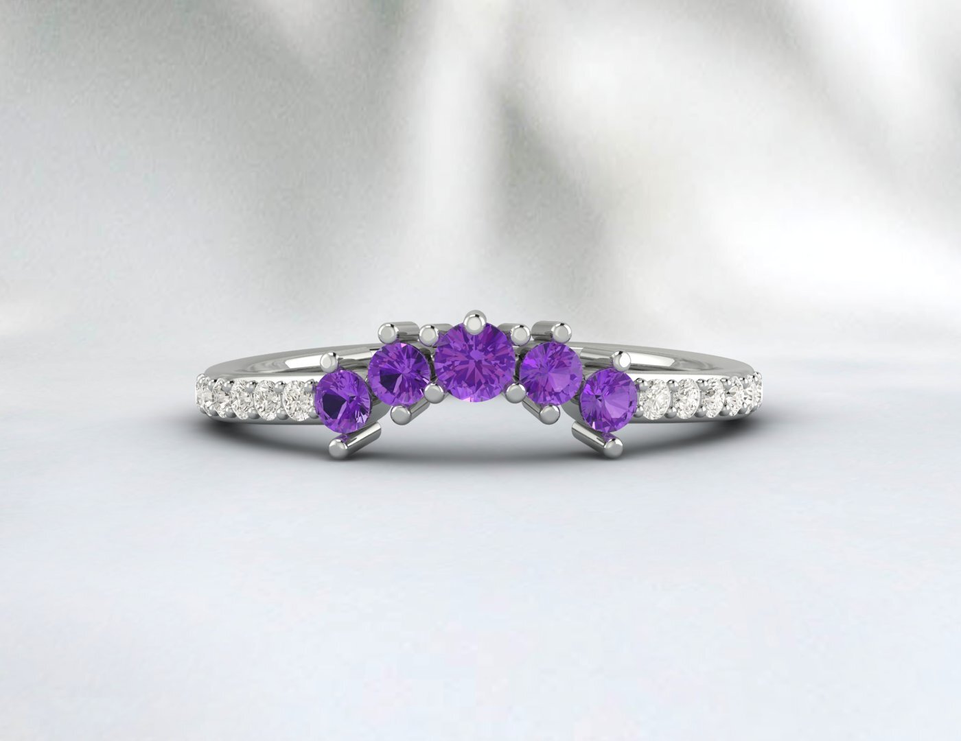 Natural Amethyst Curved Wedding Band Half Eternity Fine Silver 5 Gemstone