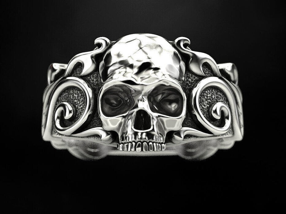 925 Sterling Silver US5-15 Men's Skull Pattern Gothic Biker Designer Look Ring