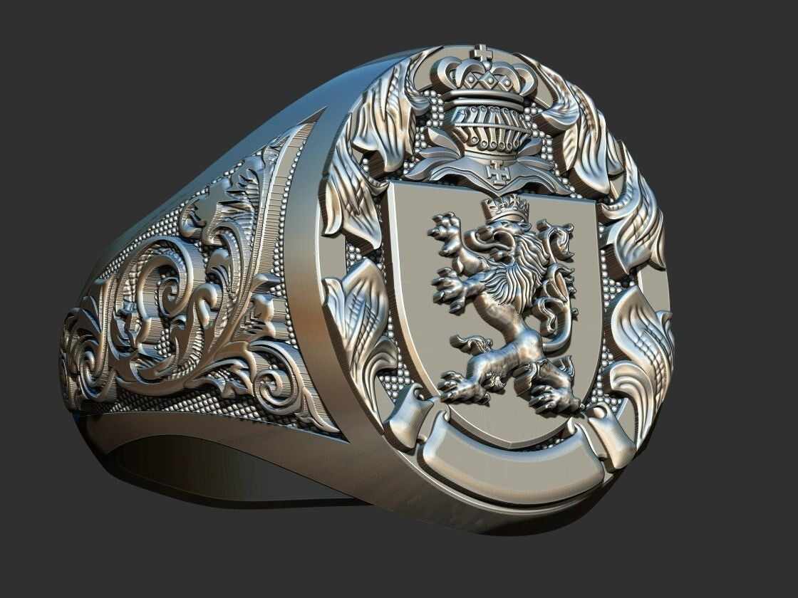 Lion And Roosters Coat of Arms Signet Silver 925 Men's Ring US7-15 Animal Lover