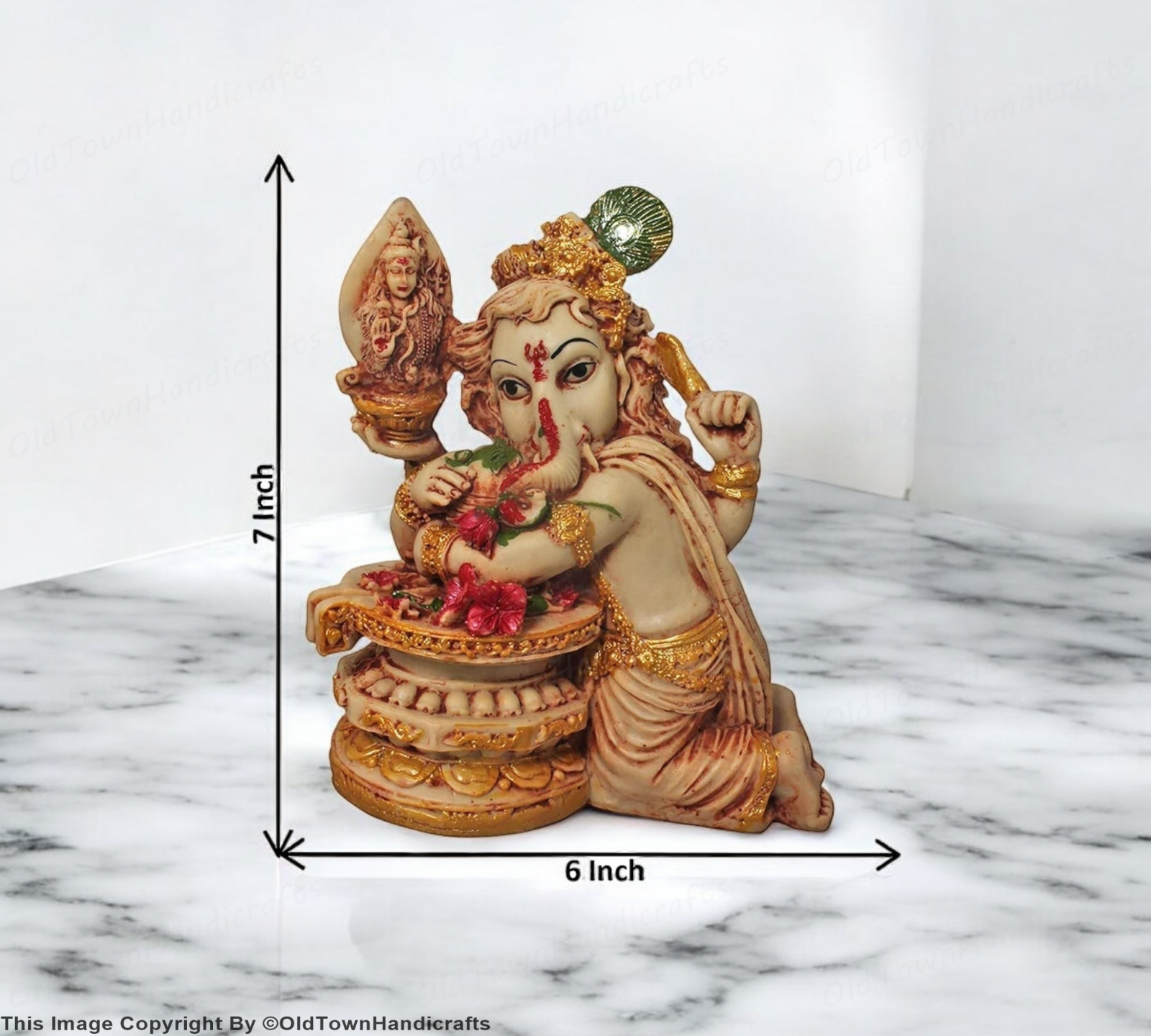 Ganesha with Shivling Statue Ganesh Cream Golden Decor Gift for Home & Office