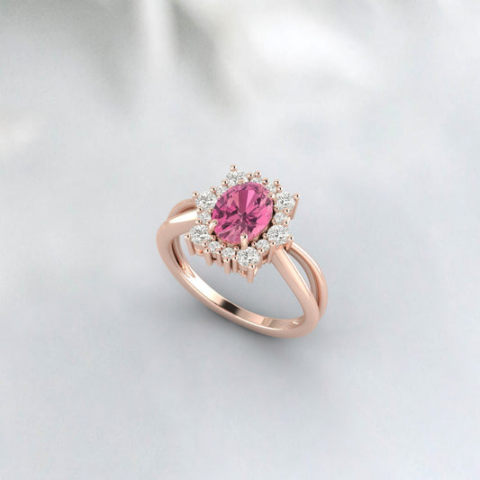 Natural Pink Tourmaline Cluster Ring 925 Sterling Silver Ring Oval Cut Pink Ring