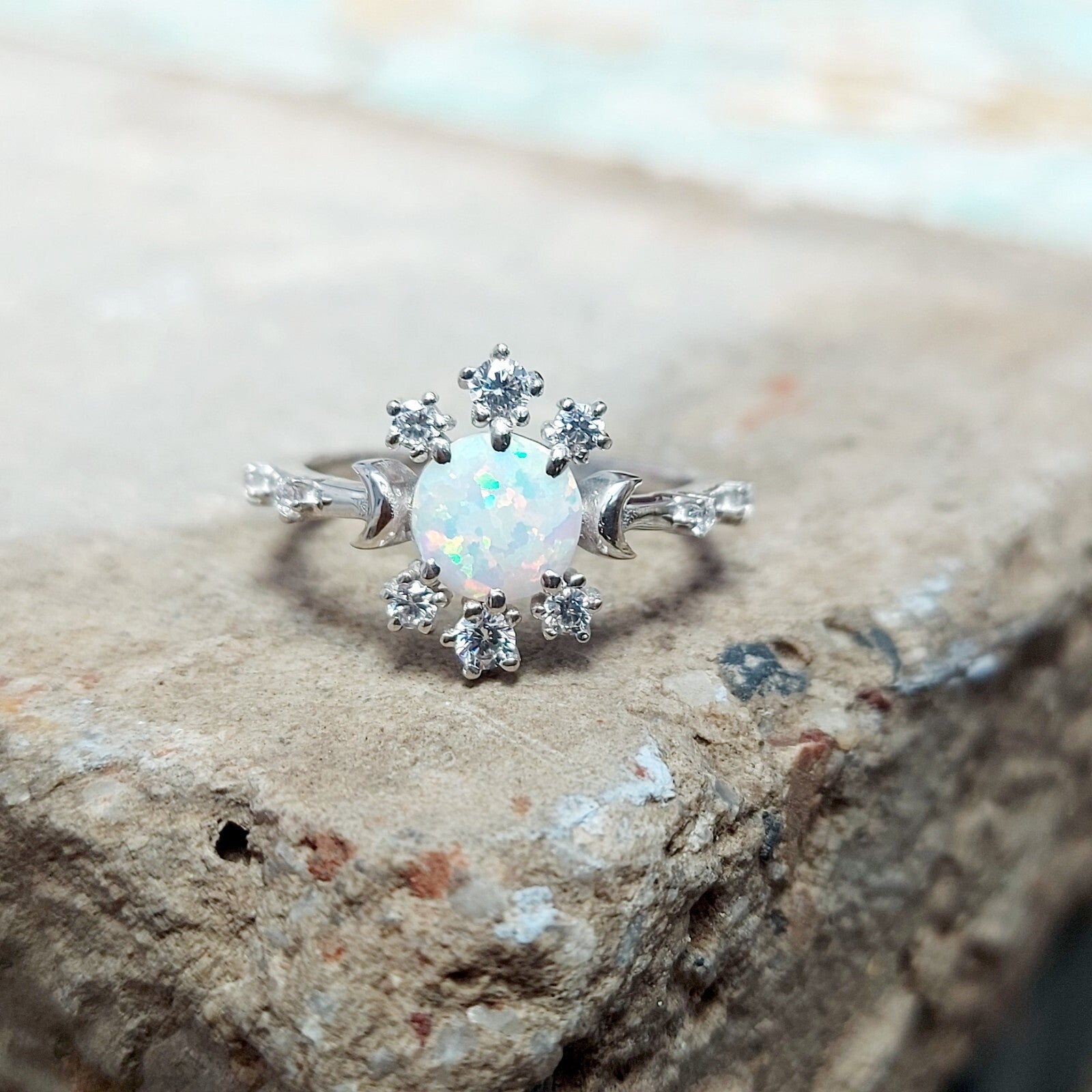 Natural Opal Ring Round Cut CZ Cluster 925 Silver Gift Ring US5~15 Vintage Look