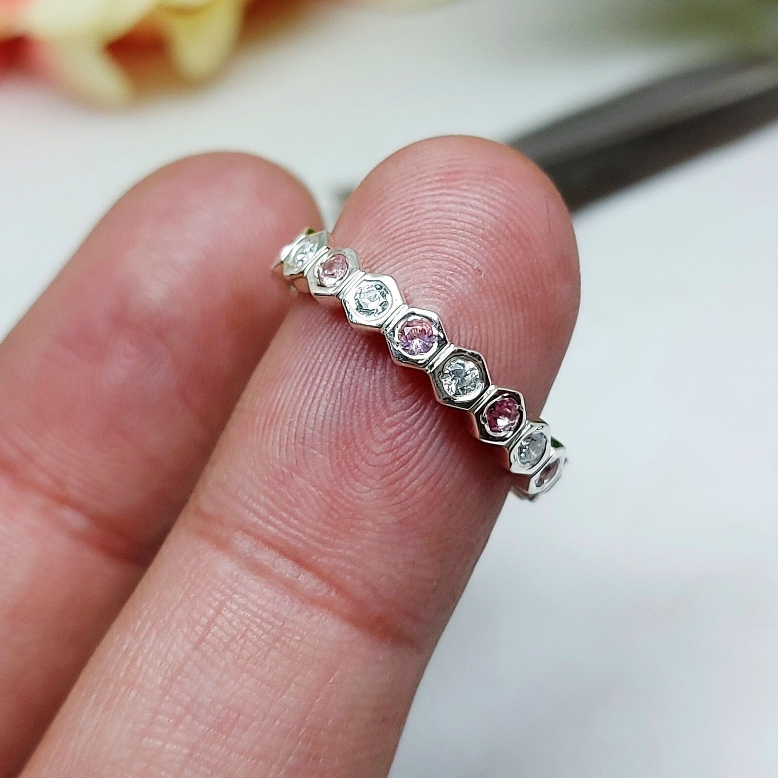 Natural Pink Tourmaline Eternity Band 925 Sterling Silver Wedding Band For Her