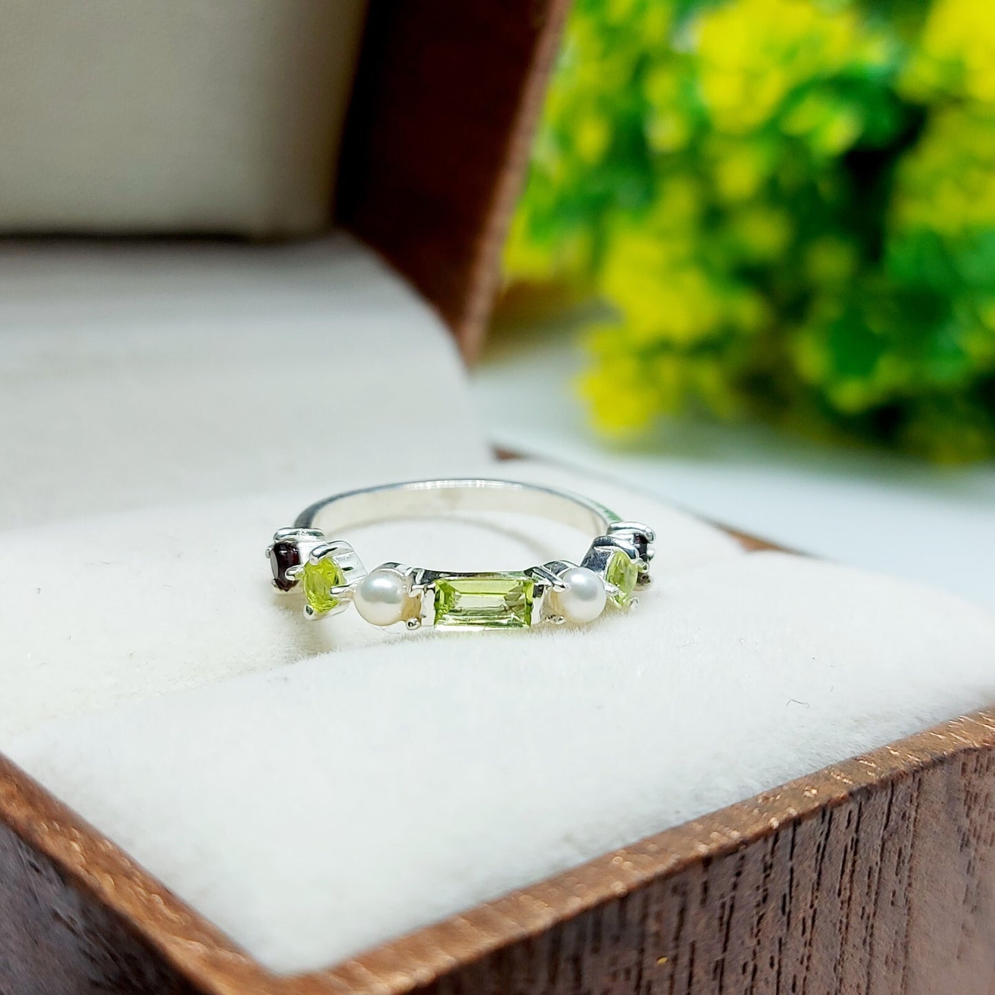 Natural Peridot 925 Silver Baguette Cut Ring Minimalist Green Stone Band US5~15