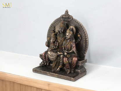 Shiv Family Copper Finish Sitting Shiva Parvati Ganesh Home Temple Decor Gift