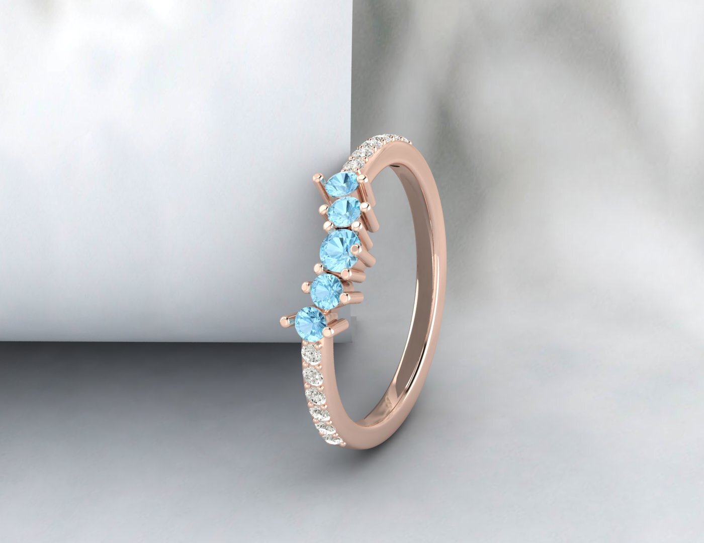 Natural Blue Aquamarine Curved Wedding Band Half Eternity Fine Silver 5 Gemstone