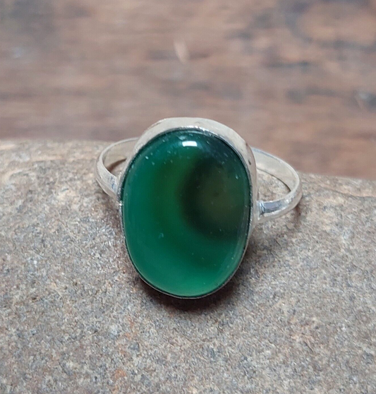 925 Sterling Silver Ring Natural Green Agate Gemstone Ring Birthstone Women Ring
