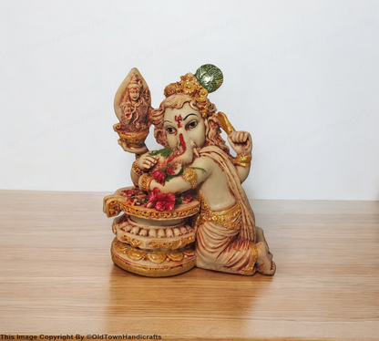 Ganesha with Shivling Statue Ganesh Cream Golden Decor Gift for Home & Office