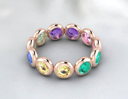Natural Round Multi Gemstone Wedding Band Fine Silver Bezal Set Eternity Band