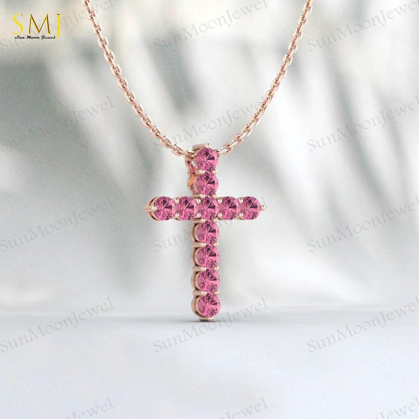 925 Silver Natural Pink Tourmaline Cross Necklace Pendant December Birthstone