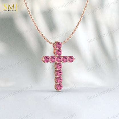 925 Silver Natural Pink Tourmaline Cross Necklace Pendant December Birthstone