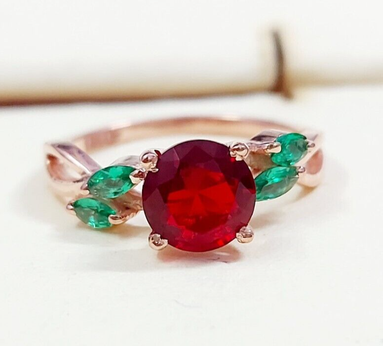 Marquise Lab Created Green Emerald with Round Ruby Wedding Women Ring US5~15