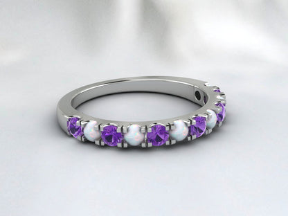 Natural Round Opal And Amethyst Half Eternity Band Fine Silver Wedding Band