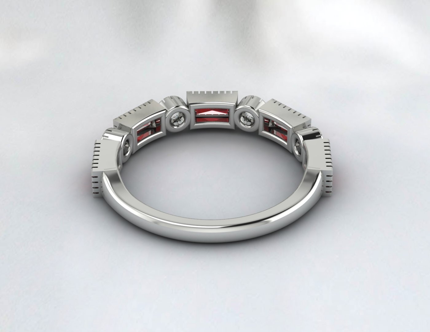 Natural Baguette Cut Red Garnet & Cubic Zirconia Half Eternity Fine Silver Band