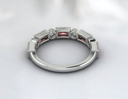 Natural Baguette Cut Red Garnet & Cubic Zirconia Half Eternity Fine Silver Band