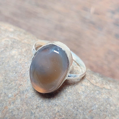 Oval Gray Agate Silver Men Ring,925 Sterling Silver Handmade Jewelry For Men