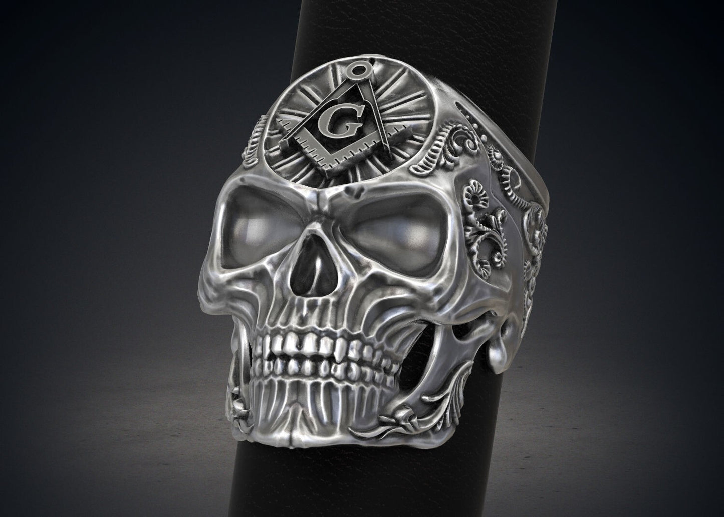 Masonic Skull Ring Oxidized Silver Gothic Freemason Biker Ring For Men US5-15