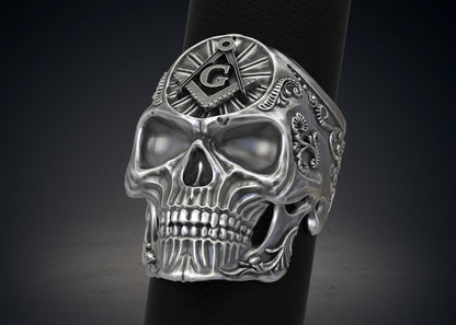 Masonic Skull Ring Oxidized Silver Gothic Freemason Biker Ring For Men US5-15